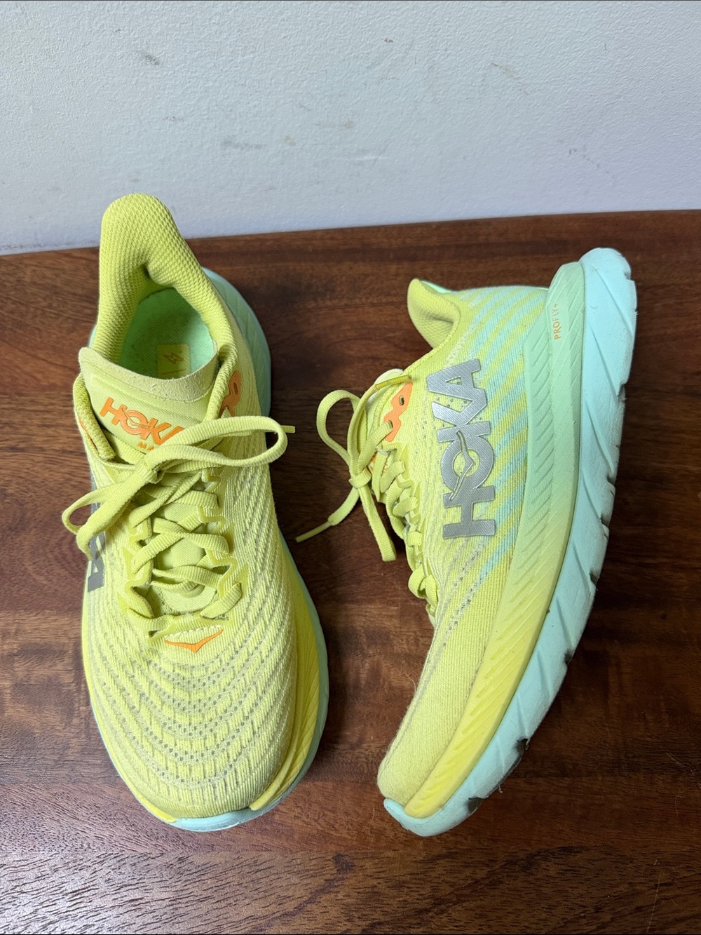Hoka Womens Sneakers in Bright Yellow with Mint Soles Size 6